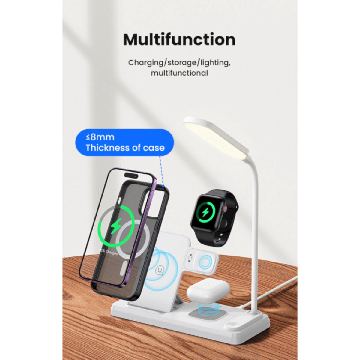 Бездротовий зарядний пристрій Usams US-CD195 15W 4in1 Wireless Charging Holder With Table Lamp