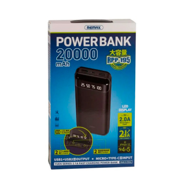 Зовнішній акумулятор Remax RPP-195 Yuen Series 2.1A Fast Charging 20000mAh Black