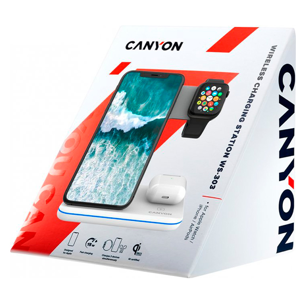 Бездротовий зарядний пристрій Canyon WS-303 3 in 1 QI White (CNS-WCS303W)