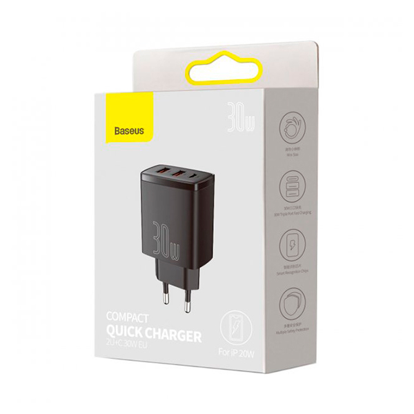 СЗУ Baseus Compact Quick Charger 2xUSB U+C 30W Black (CCXJ-E01)