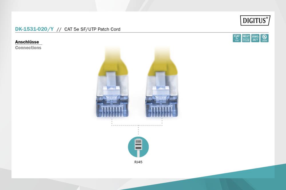 Патч-корд CAT 5e SF-UTP, Cu, PVC AWG 26/7, довжина 2 м, колір жовтий DK-1531-020/Y DIGITUS by ASSMANN