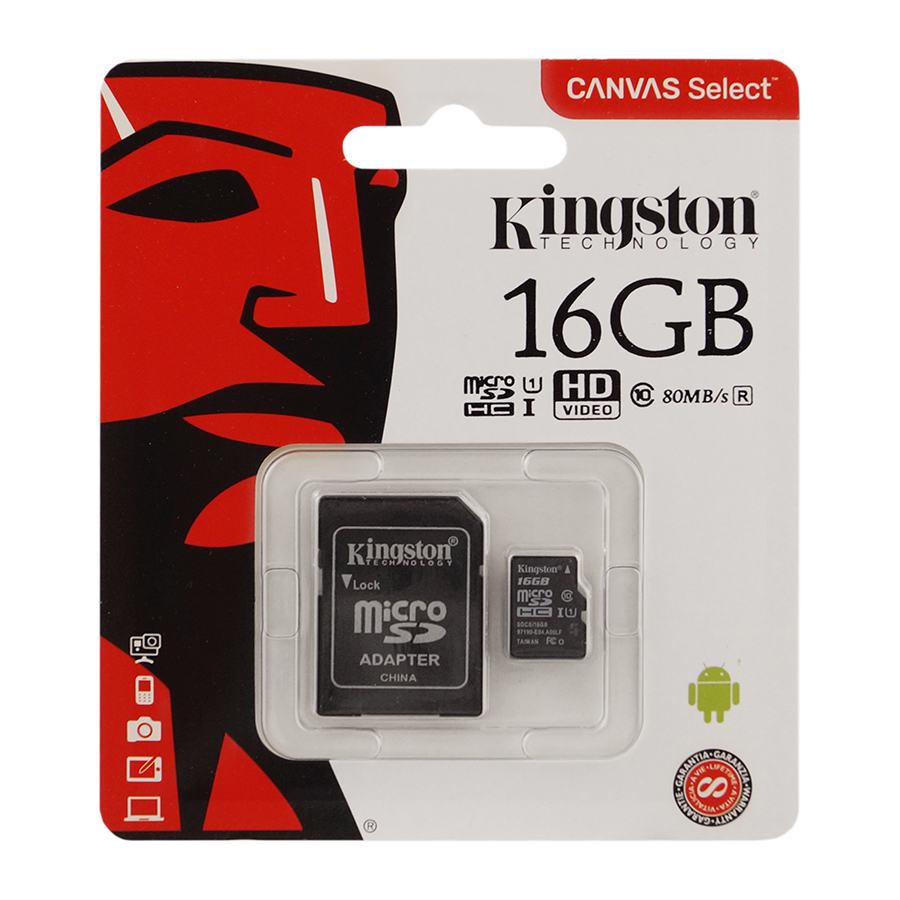 Карта памяти Kingston 16GB microSDHC Class 10 UHS-I 80R + SD Adapter