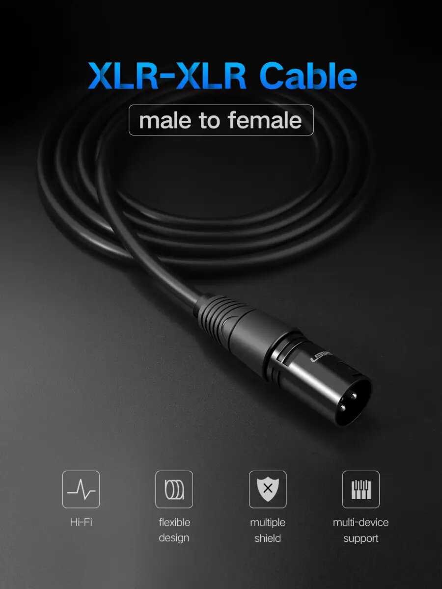 Аудіо кабель UGREEN AV130 Cannon Male to Female Microphone Extension Audio Cable 1m (Black)(UGR-20708)