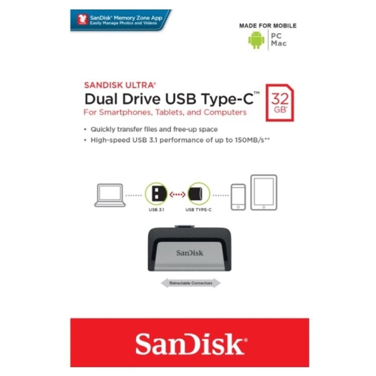 Флеш-накопичувач SanDisk USB 3.1 Ultra Dual Type-C 32Gb (150 Mb/s)