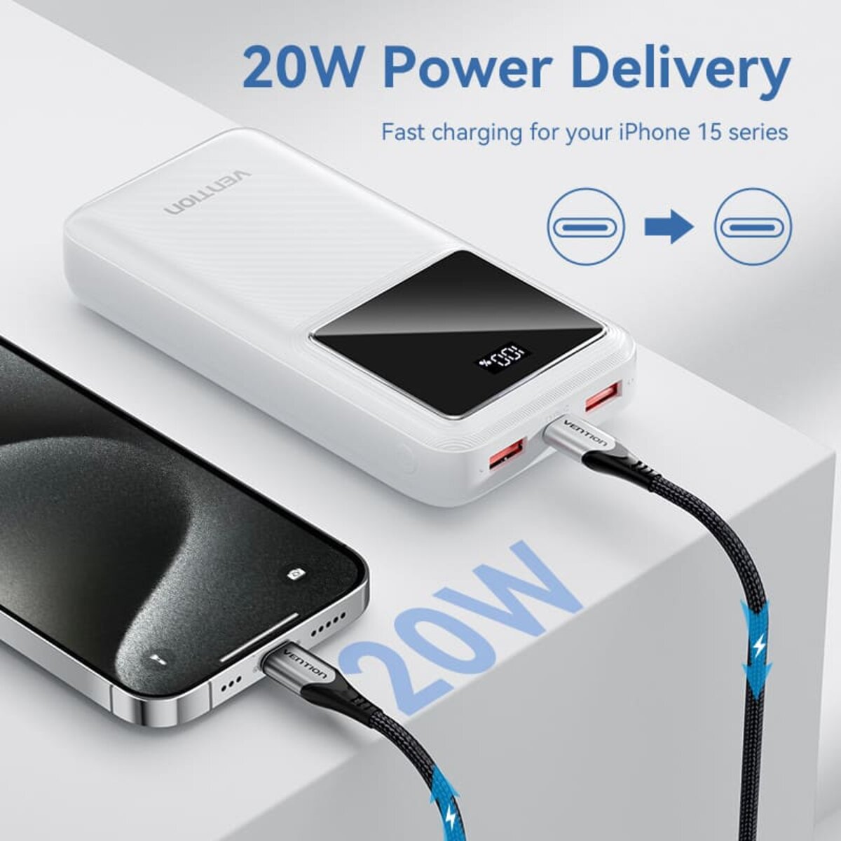 Зовнішній акумулятор Vention 20000mAh Power Bank (Micro-USB + USB-C + USB-A + USB-A) 22.5W White LED Display Type