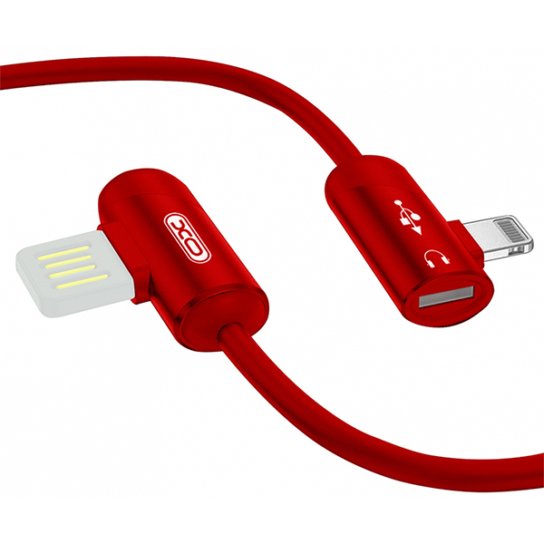 Кабель XO NB38 Lightning 1m 2.4A with Audio Adapter L-Shape Red