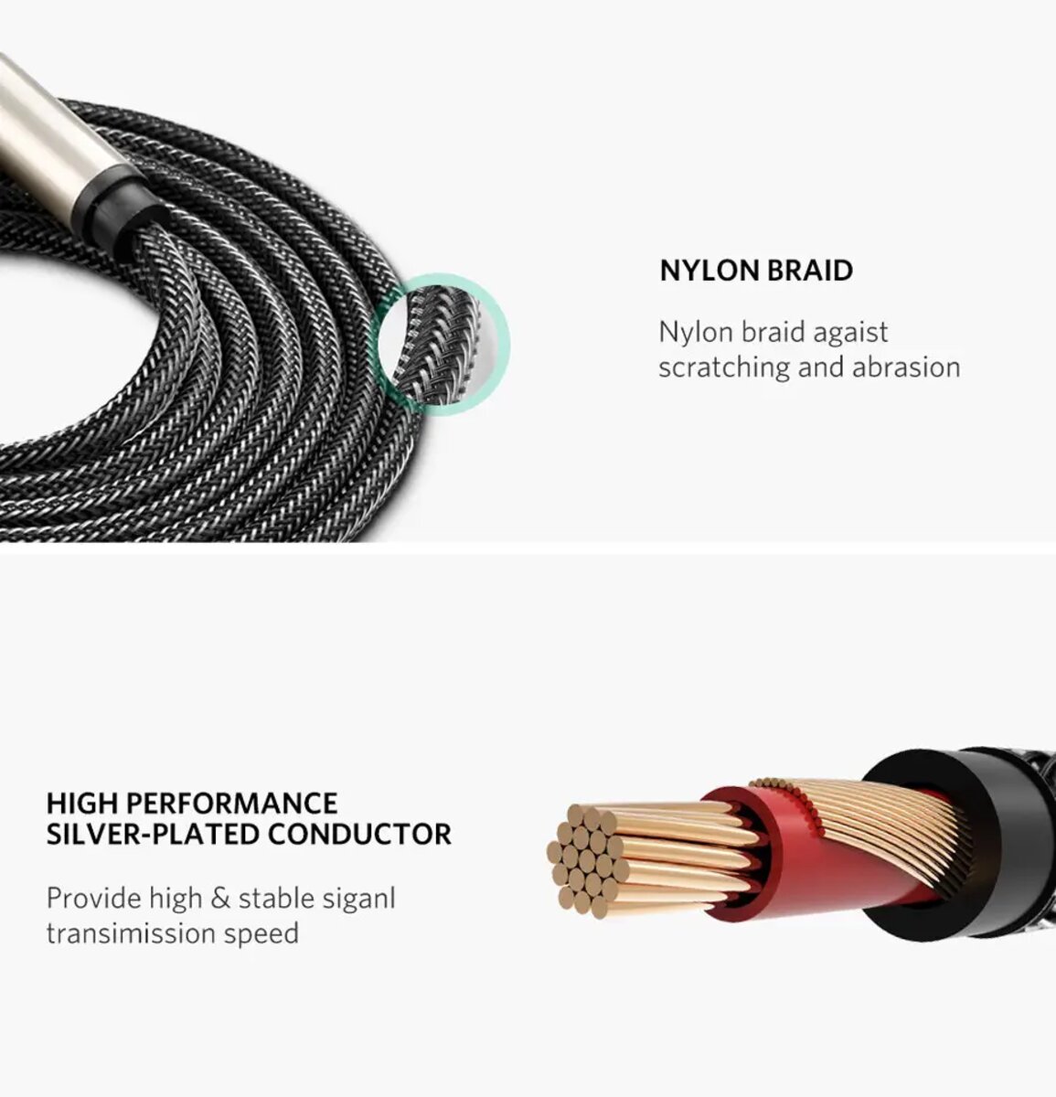 Аудіо кабель UGREEN AV128 6.5mm  Male to Male Audio Cable Gray 2m(UGR-10638)