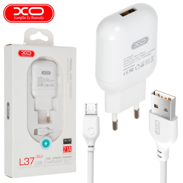 МЗП XO L37 1USB 2.1A + Micro USB Cable White