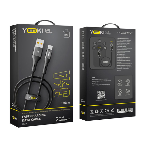 Кабель Yoki LED YK-LE17 Type-C 3A 1.2m Black